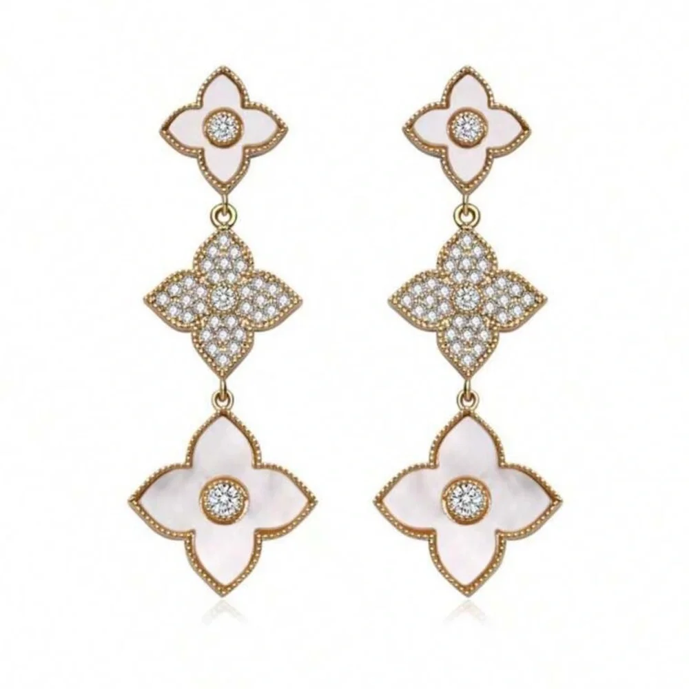 Elegant Gold and Pink Floral Drop Earrings - Picture 1 of 5